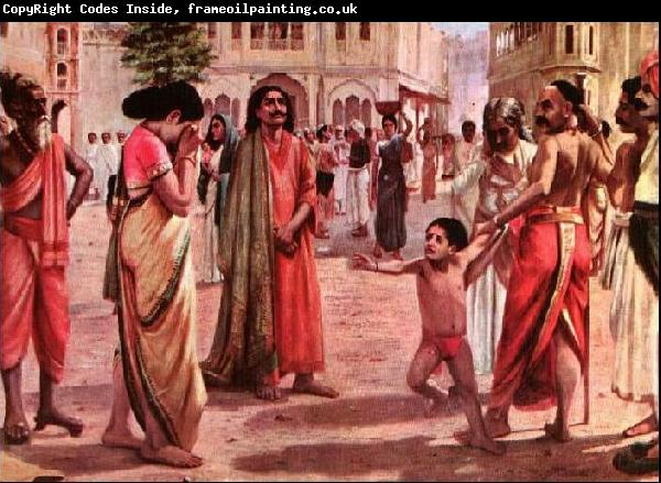 Raja Ravi Varma Harischandra in Distress, having lost his kingdom and all the wealth parting with his only son in an auction