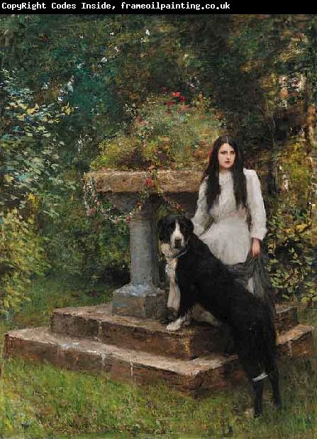 Sir Hubert von Herkomer,RA,RWS A young girl and her dog