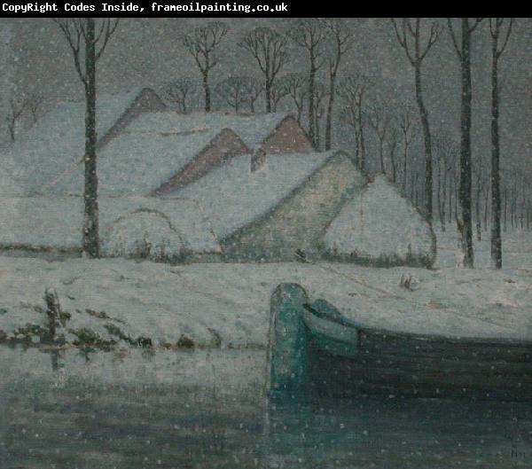 William Degouwe de Nuncques Snowy landscape with barge