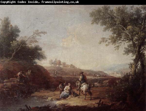 Giuseppe Zais An italianate landscape with fishermen and travellers resting beside a pool