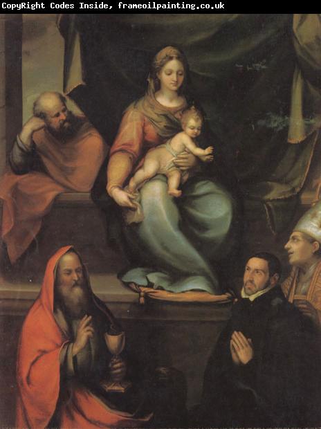 Prado, Blas del The Holy Family,with SS.Ildefonsus and john the Evangelist,and the Master Alonso de Villegas