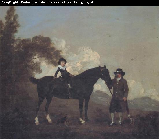 Thomas Gooch A Child on A Hunter Held by a Groom and Tow Terriers in a Landscape