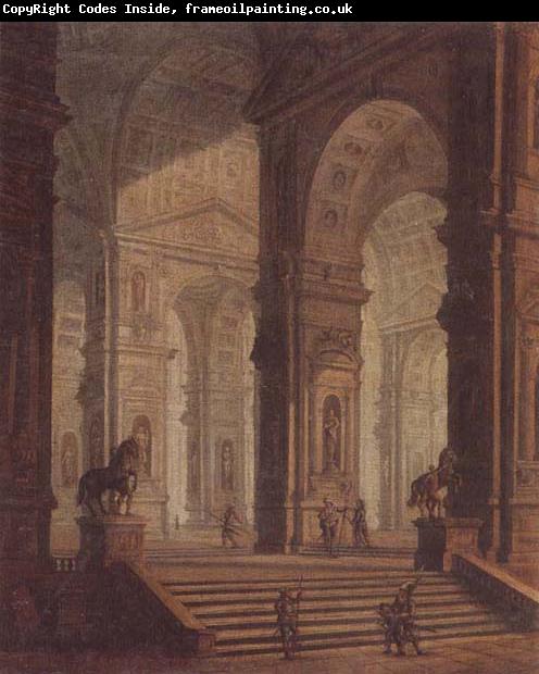 unknow artist The interior of a classical building,with soldiers guarding the entrance at the base of a set of steps