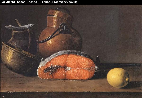 Luis Melendez Still Life with Salmon, a Lemon and Three Vessels