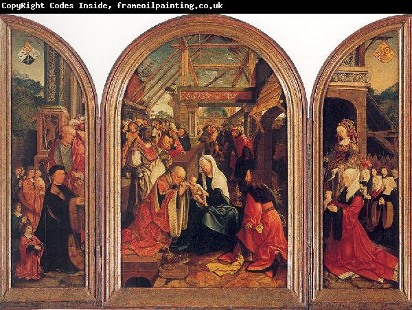 Oostsanen, Jacob Cornelisz van Tryptych with the Adoration of the Magi, Donors, and Saints