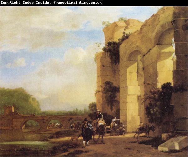 Jan Asselijn Italian Landscape with the Ruins of a Roman Bridge and Aqueduct