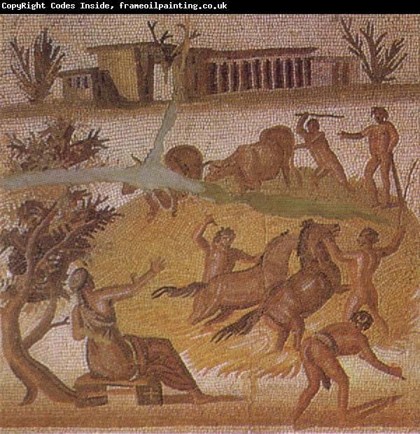 unknow artist Mosaic from the Roman villa at Zliten in Tripolitania showing horses and cattle threshing corn