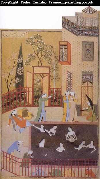 Bihzad The Master of the garden espies the maidens bathing in his pool