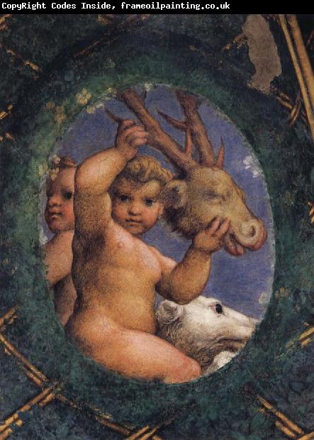 Correggio Two ovals depicting a putto with a stag's head and a putto with a greyhound