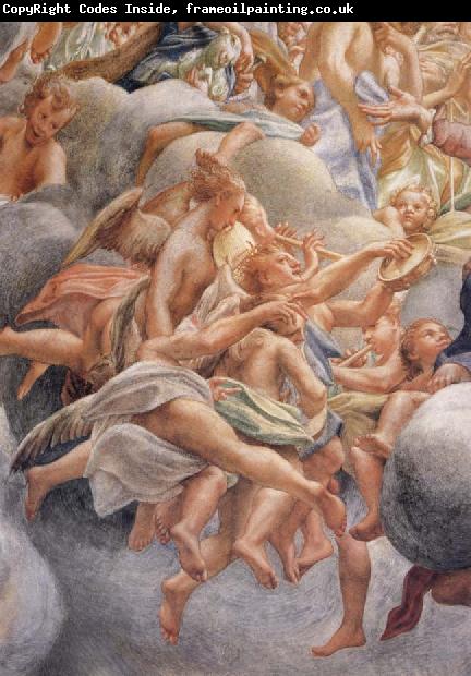 Correggio Assumption of the Virgin,details with angels bearing musical instruments